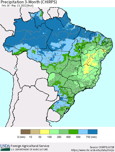 Brazil Precipitation 3-Month (CHIRPS) Thematic Map For 2/16/2022 - 5/15/2022