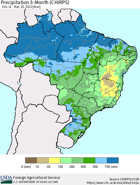 Brazil Precipitation 3-Month (CHIRPS) Thematic Map For 2/21/2022 - 5/20/2022