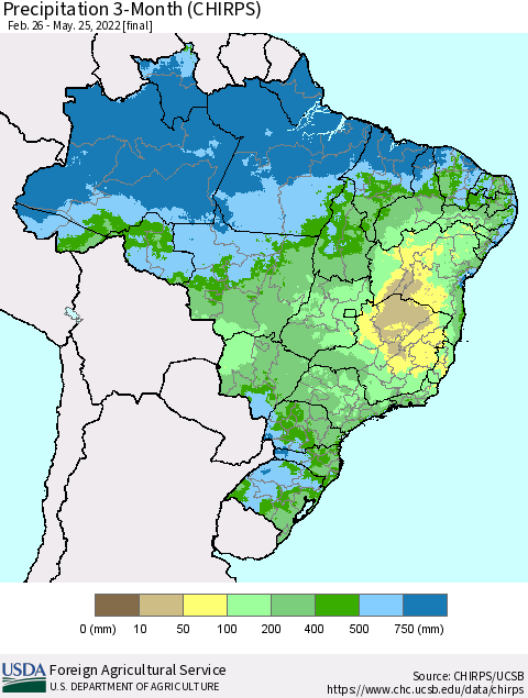 Brazil Precipitation 3-Month (CHIRPS) Thematic Map For 2/26/2022 - 5/25/2022