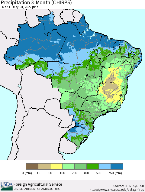 Brazil Precipitation 3-Month (CHIRPS) Thematic Map For 3/1/2022 - 5/31/2022