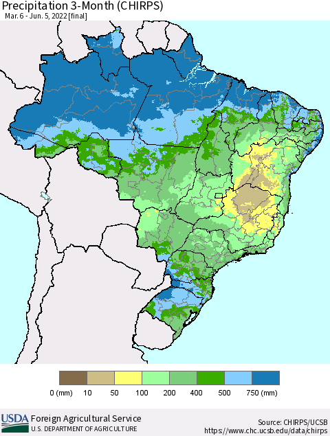 Brazil Precipitation 3-Month (CHIRPS) Thematic Map For 3/6/2022 - 6/5/2022