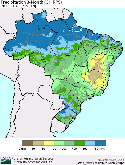 Brazil Precipitation 3-Month (CHIRPS) Thematic Map For 3/11/2022 - 6/10/2022
