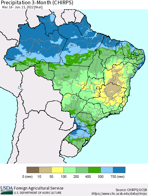 Brazil Precipitation 3-Month (CHIRPS) Thematic Map For 3/16/2022 - 6/15/2022