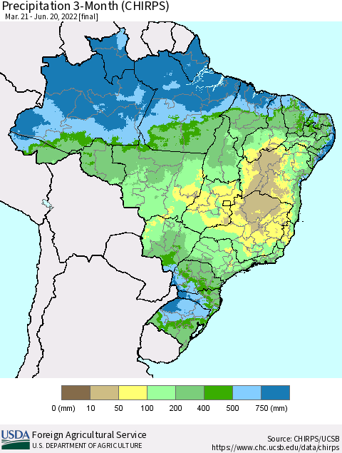 Brazil Precipitation 3-Month (CHIRPS) Thematic Map For 3/21/2022 - 6/20/2022