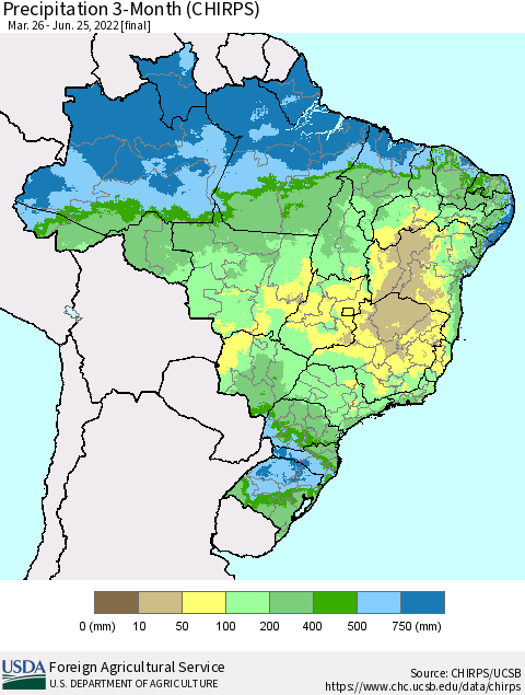 Brazil Precipitation 3-Month (CHIRPS) Thematic Map For 3/26/2022 - 6/25/2022