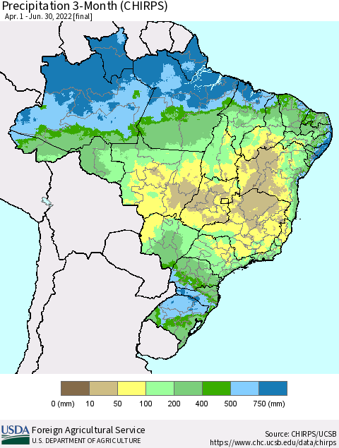 Brazil Precipitation 3-Month (CHIRPS) Thematic Map For 4/1/2022 - 6/30/2022