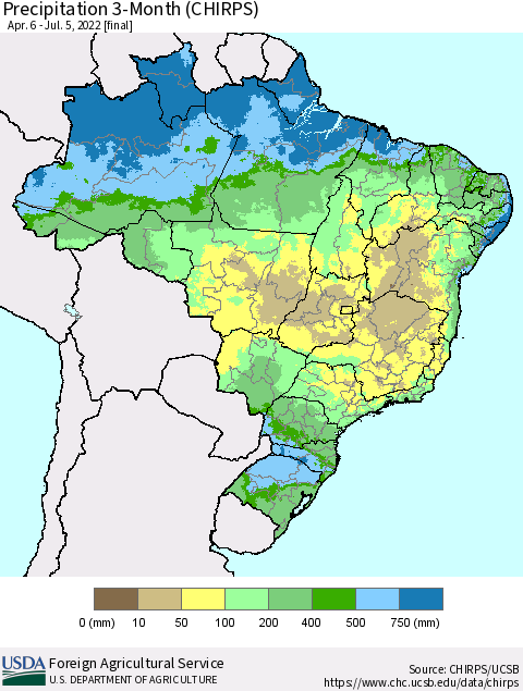 Brazil Precipitation 3-Month (CHIRPS) Thematic Map For 4/6/2022 - 7/5/2022