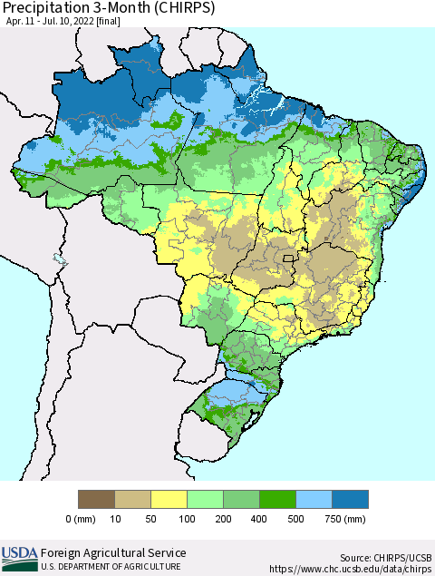 Brazil Precipitation 3-Month (CHIRPS) Thematic Map For 4/11/2022 - 7/10/2022