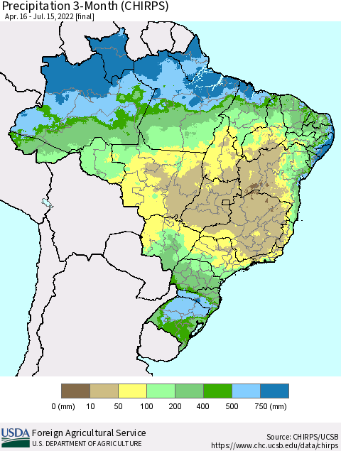 Brazil Precipitation 3-Month (CHIRPS) Thematic Map For 4/16/2022 - 7/15/2022