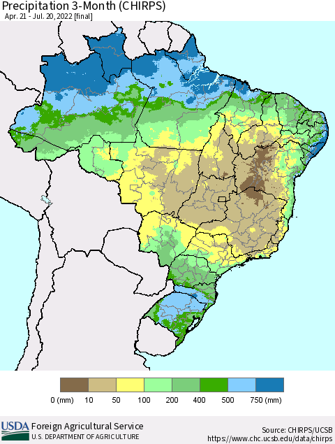 Brazil Precipitation 3-Month (CHIRPS) Thematic Map For 4/21/2022 - 7/20/2022