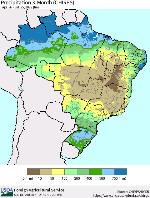 Brazil Precipitation 3-Month (CHIRPS) Thematic Map For 4/26/2022 - 7/25/2022