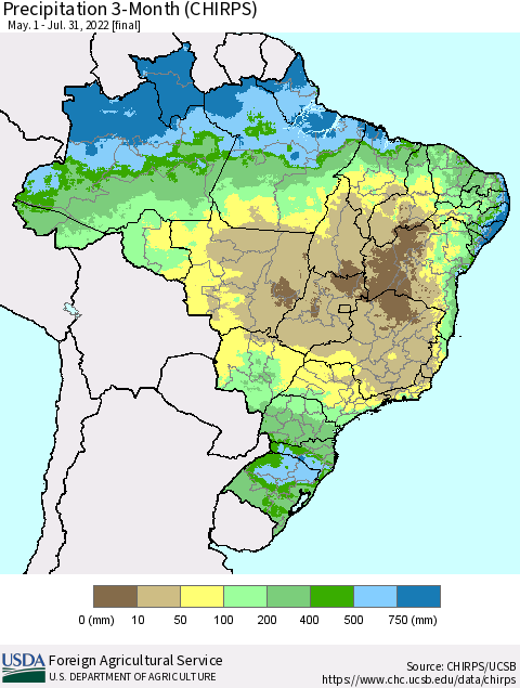 Brazil Precipitation 3-Month (CHIRPS) Thematic Map For 5/1/2022 - 7/31/2022