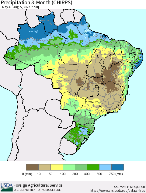 Brazil Precipitation 3-Month (CHIRPS) Thematic Map For 5/6/2022 - 8/5/2022