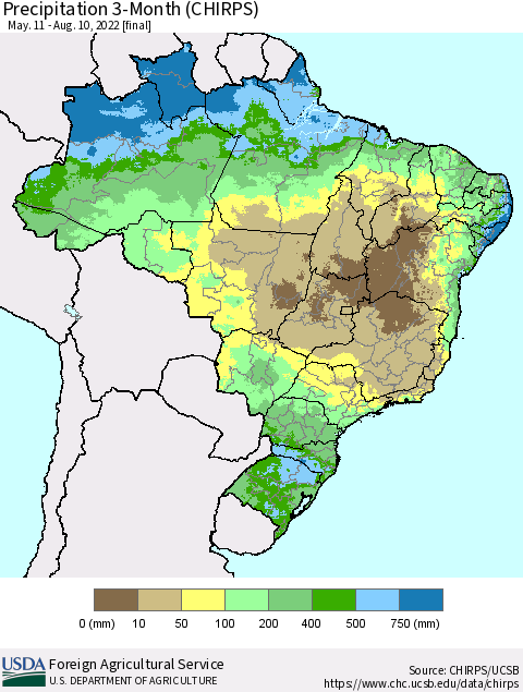 Brazil Precipitation 3-Month (CHIRPS) Thematic Map For 5/11/2022 - 8/10/2022