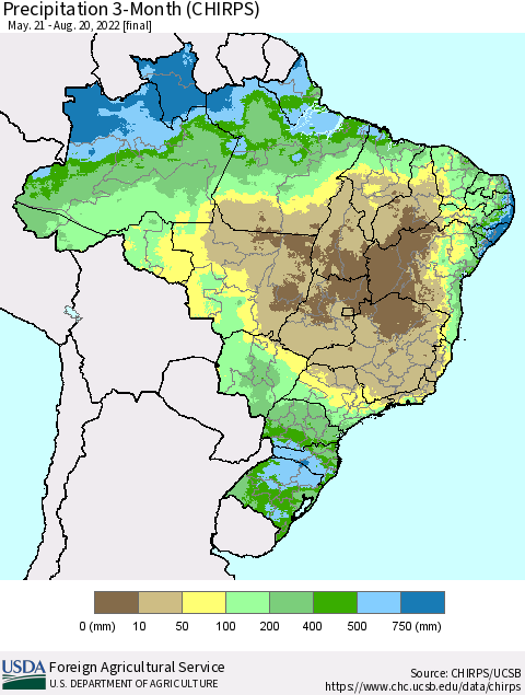 Brazil Precipitation 3-Month (CHIRPS) Thematic Map For 5/21/2022 - 8/20/2022