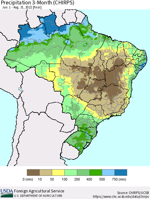 Brazil Precipitation 3-Month (CHIRPS) Thematic Map For 6/1/2022 - 8/31/2022
