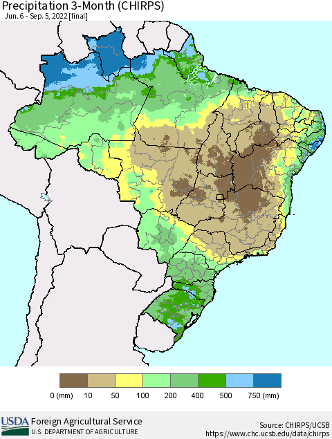 Brazil Precipitation 3-Month (CHIRPS) Thematic Map For 6/6/2022 - 9/5/2022