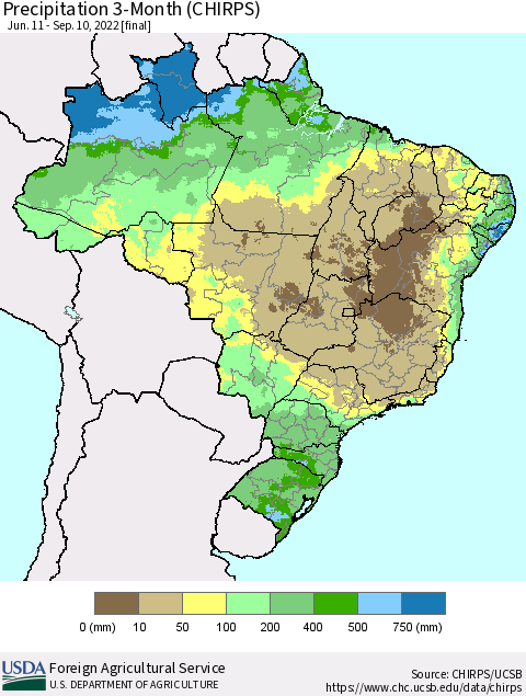 Brazil Precipitation 3-Month (CHIRPS) Thematic Map For 6/11/2022 - 9/10/2022