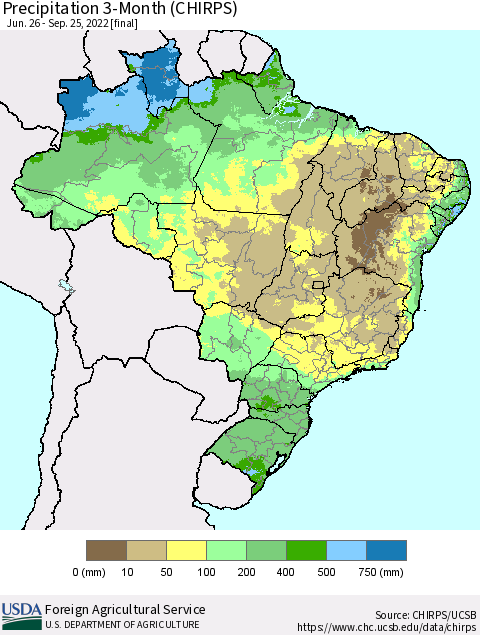 Brazil Precipitation 3-Month (CHIRPS) Thematic Map For 6/26/2022 - 9/25/2022