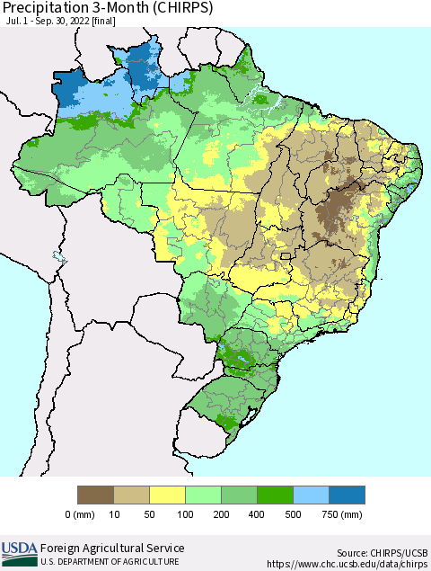 Brazil Precipitation 3-Month (CHIRPS) Thematic Map For 7/1/2022 - 9/30/2022