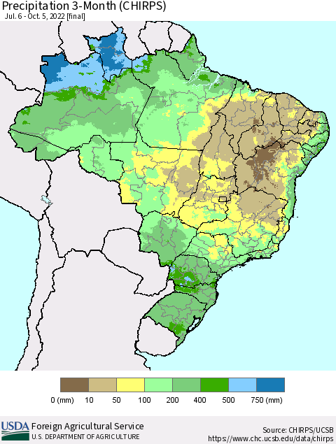 Brazil Precipitation 3-Month (CHIRPS) Thematic Map For 7/6/2022 - 10/5/2022