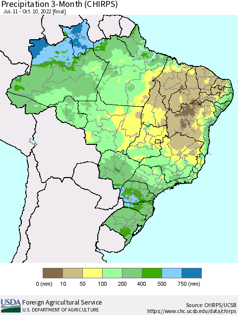 Brazil Precipitation 3-Month (CHIRPS) Thematic Map For 7/11/2022 - 10/10/2022