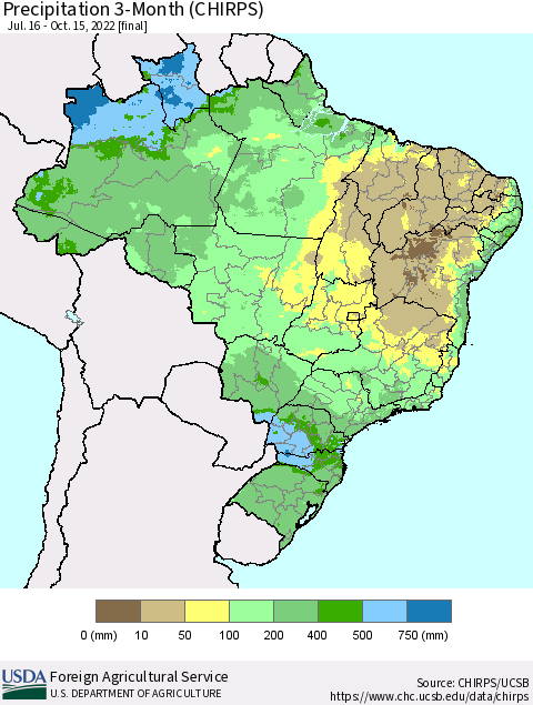 Brazil Precipitation 3-Month (CHIRPS) Thematic Map For 7/16/2022 - 10/15/2022