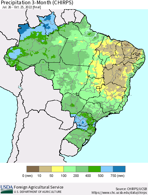 Brazil Precipitation 3-Month (CHIRPS) Thematic Map For 7/26/2022 - 10/25/2022