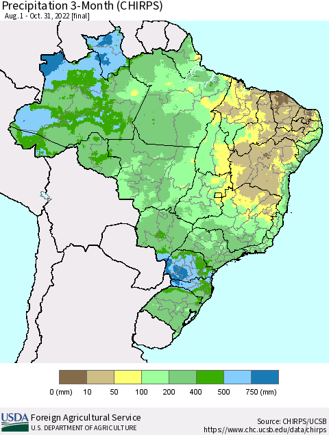 Brazil Precipitation 3-Month (CHIRPS) Thematic Map For 8/1/2022 - 10/31/2022