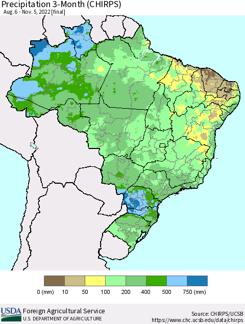 Brazil Precipitation 3-Month (CHIRPS) Thematic Map For 8/6/2022 - 11/5/2022