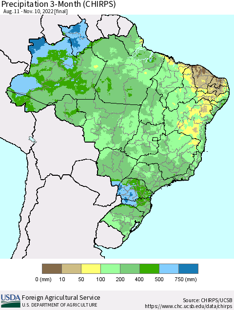 Brazil Precipitation 3-Month (CHIRPS) Thematic Map For 8/11/2022 - 11/10/2022