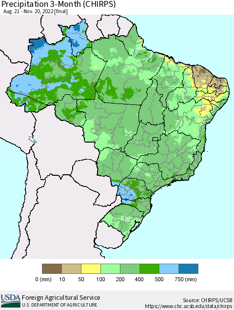Brazil Precipitation 3-Month (CHIRPS) Thematic Map For 8/21/2022 - 11/20/2022