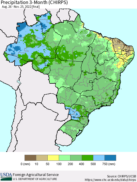 Brazil Precipitation 3-Month (CHIRPS) Thematic Map For 8/26/2022 - 11/25/2022