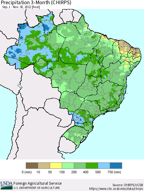 Brazil Precipitation 3-Month (CHIRPS) Thematic Map For 9/1/2022 - 11/30/2022