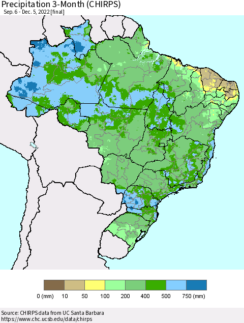 Brazil Precipitation 3-Month (CHIRPS) Thematic Map For 9/6/2022 - 12/5/2022