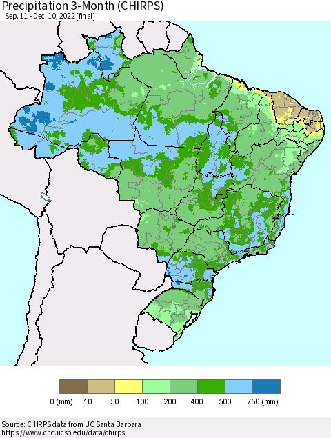 Brazil Precipitation 3-Month (CHIRPS) Thematic Map For 9/11/2022 - 12/10/2022