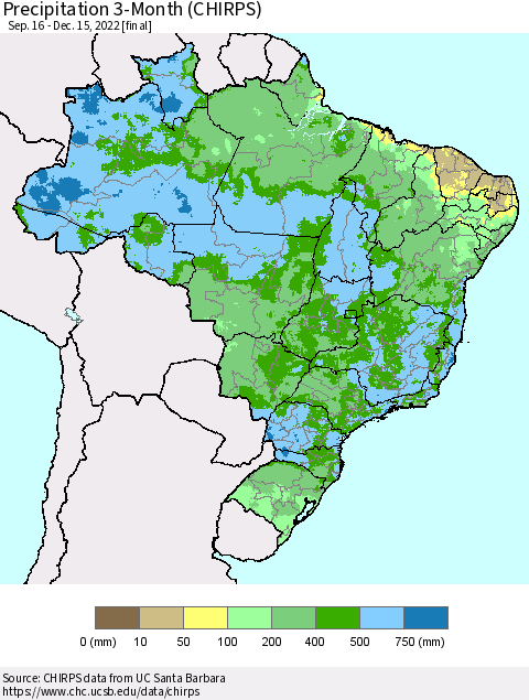 Brazil Precipitation 3-Month (CHIRPS) Thematic Map For 9/16/2022 - 12/15/2022
