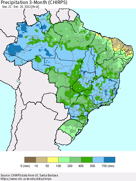 Brazil Precipitation 3-Month (CHIRPS) Thematic Map For 9/21/2022 - 12/20/2022