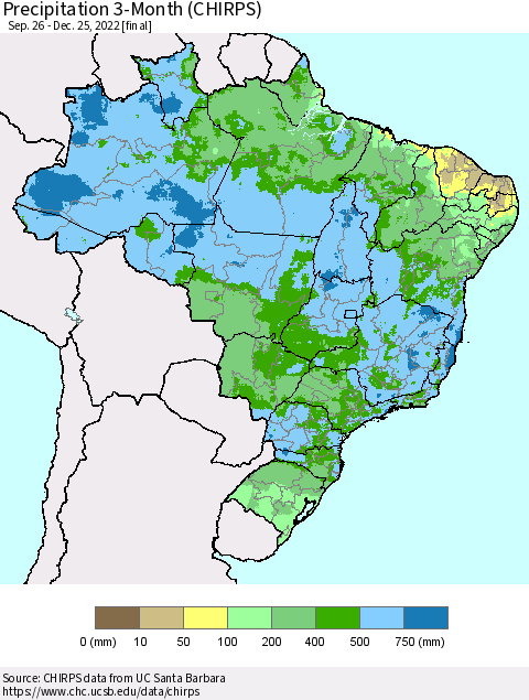 Brazil Precipitation 3-Month (CHIRPS) Thematic Map For 9/26/2022 - 12/25/2022