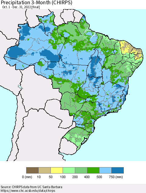 Brazil Precipitation 3-Month (CHIRPS) Thematic Map For 10/1/2022 - 12/31/2022
