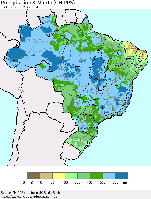 Brazil Precipitation 3-Month (CHIRPS) Thematic Map For 10/6/2022 - 1/5/2023