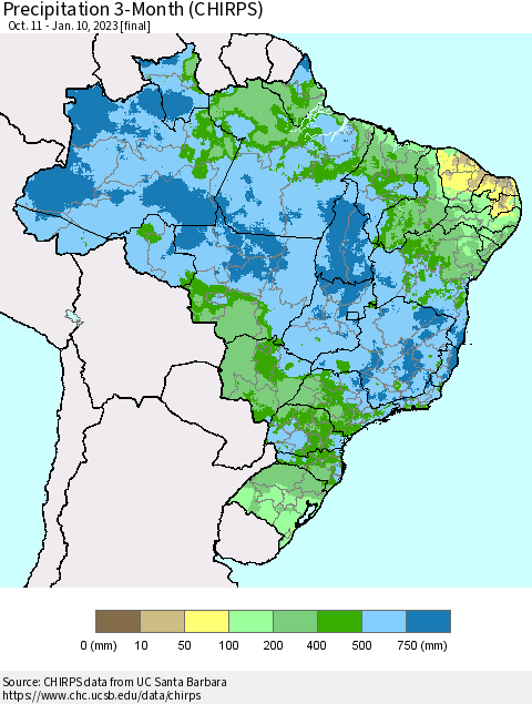 Brazil Precipitation 3-Month (CHIRPS) Thematic Map For 10/11/2022 - 1/10/2023