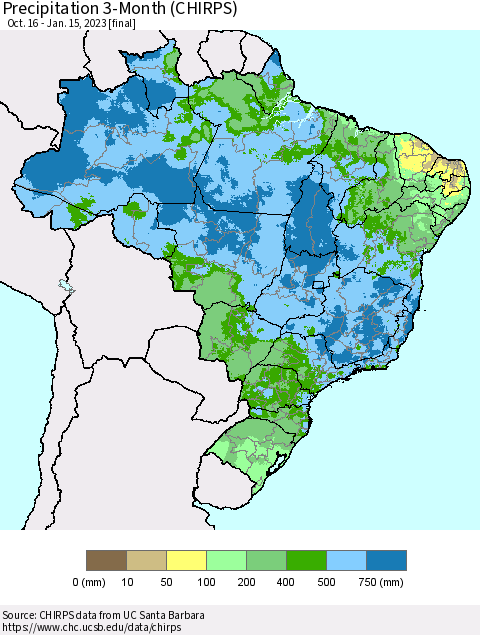 Brazil Precipitation 3-Month (CHIRPS) Thematic Map For 10/16/2022 - 1/15/2023