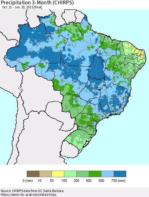 Brazil Precipitation 3-Month (CHIRPS) Thematic Map For 10/21/2022 - 1/20/2023