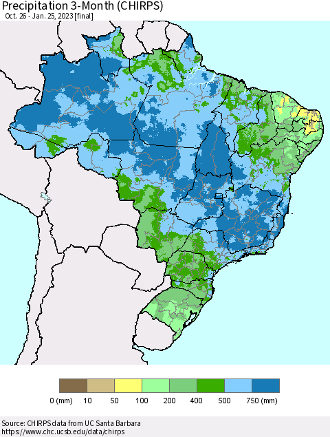 Brazil Precipitation 3-Month (CHIRPS) Thematic Map For 10/26/2022 - 1/25/2023
