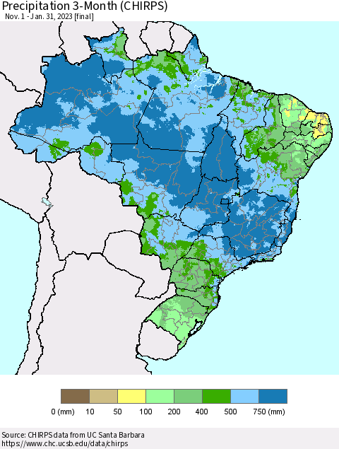 Brazil Precipitation 3-Month (CHIRPS) Thematic Map For 11/1/2022 - 1/31/2023