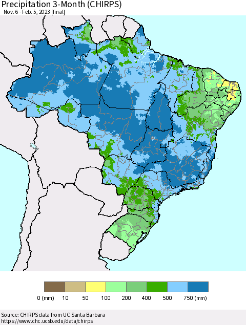 Brazil Precipitation 3-Month (CHIRPS) Thematic Map For 11/6/2022 - 2/5/2023