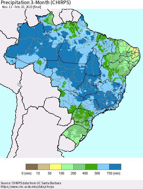 Brazil Precipitation 3-Month (CHIRPS) Thematic Map For 11/11/2022 - 2/10/2023
