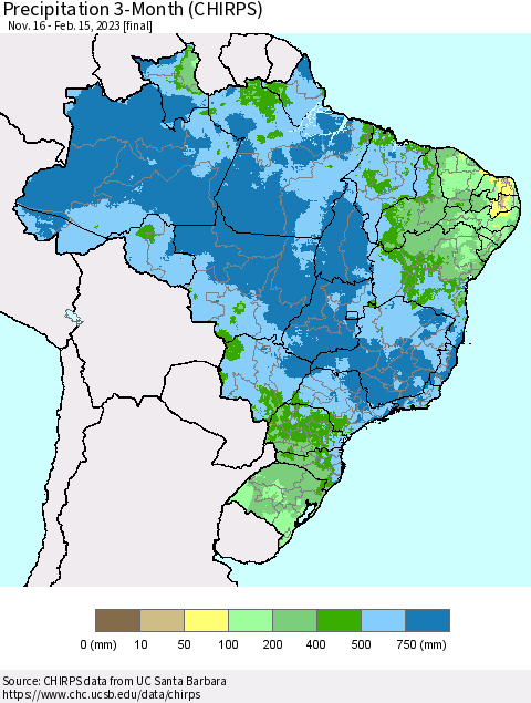 Brazil Precipitation 3-Month (CHIRPS) Thematic Map For 11/16/2022 - 2/15/2023