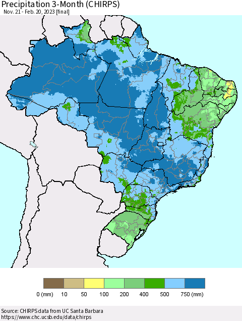 Brazil Precipitation 3-Month (CHIRPS) Thematic Map For 11/21/2022 - 2/20/2023